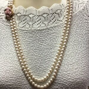 Elegant double strand Pearl Necklace with Pink Rose clasp